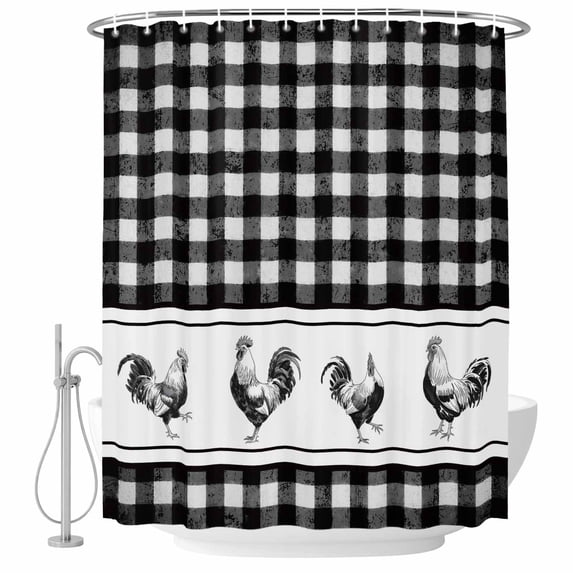 Farmhouse Black Plaid Shower Curtain, Waterproof Shower Curtains for Bathroom, Vintage Country Cock Checkered Washable Fabric Bathtub Curtain Set Bath Decor with 12 Hooks Stall 36"x72"