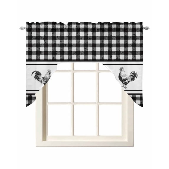 Farmhouse Black Plaid Swag Valances for Windows, Small Curtains Drapes, Vintage Country Cock Checkered Kitchen Window Curtains Over Sink Window Treatment Valance for Bedroom/Bathroom 56"x36"