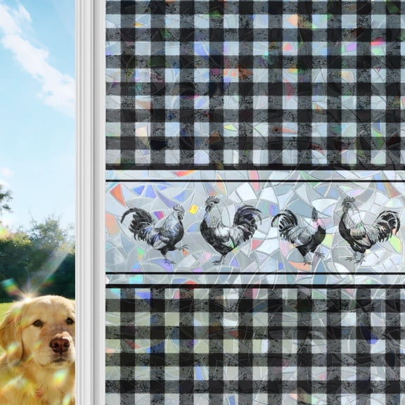 Farmhouse Black Plaid Window Privacy Film Stain Glass,Reusable Decorative Rainbow Window Film,Vintage Country Cock Checkered Static Cling Sun Blocking Stickers Decals Covers 17.7" x 39.3" (2pcs)