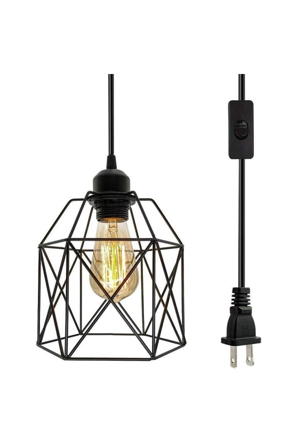 Farmhouse Black Plug in Pendant Light 13.1ft Hanging Light Lamp Kit Metal Cage Lampshade Lighting Fixtures with on/off Switch for Kitchen Bedroom Living Room
