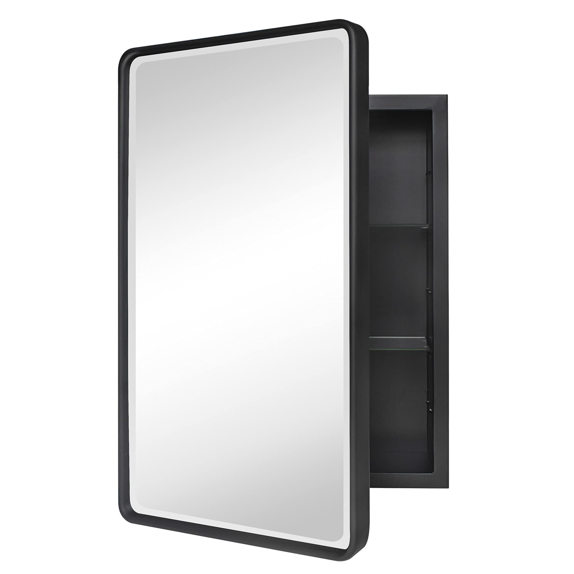 Black Metal Framed Recessed Medicine Cabinet with Beveled Mirror