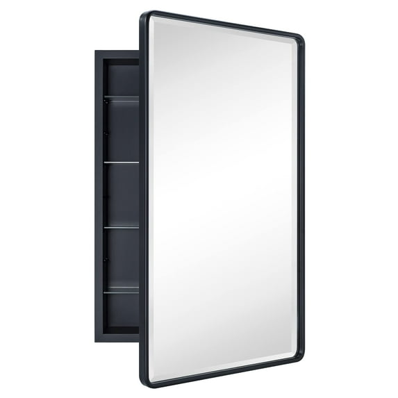 TEHOME Farmhouse Black Recessed Rectangle Bathroom Medicine Cabinet with Beveled Vanity Mirror for Wall