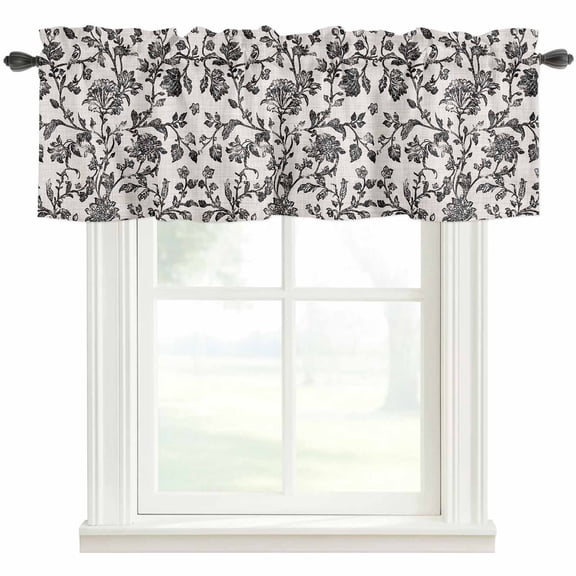 Farmhouse Black Rod Pocket Curtain Valance, Vintage Flower Leaf Botanical Plant Farmhouse Window Valance for Living Room, Bedroom, Kitchen 42"W x 12"L