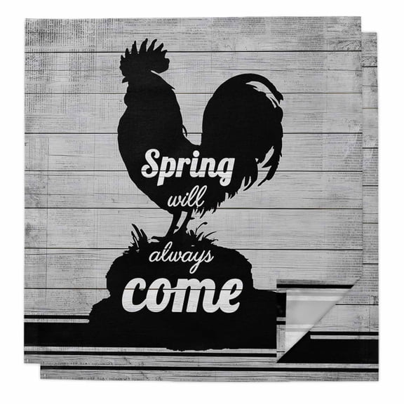 Farmhouse Black Rooster Cloth Napkins, Spring Will Always Come Wood Grain Washable and Reusable Dinner Napkins Set of 2, Table Napkin for Kitchen Party Birthday Wedding Hotel Housewarming 20"x20"