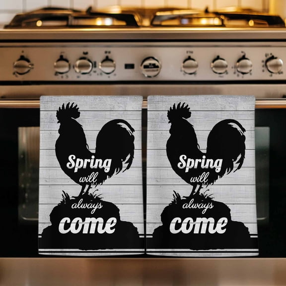 Farmhouse Black Rooster Kitchen Towels Set of 3, Spring Will Always Come Wood Grain Absorbent Dish Towels for Kitchen, Microfiber Hand Towel, Quick Drying Tea Towel for Cleaning Decorative Dishcloths