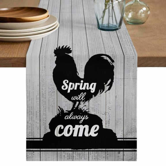 Farmhouse Black Rooster Table Runner 36 Inches, Spring Will Always Come Wood Grain Bed Runner Dresser Scarves Tabletop for Indoor Outdoor Parties/Ceremony/Banquet, 13"x 36"