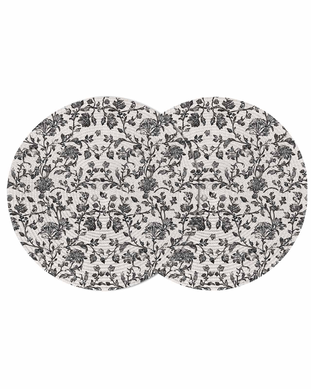 Farmhouse Black Round 13 Inch Placemats Set of 2, Vintage Flower Leaf Botanical Plant HeatResistant Non Slip Place Mats for Dining Table, Wipeable Braided Kitchen Table Mats for Housewarming