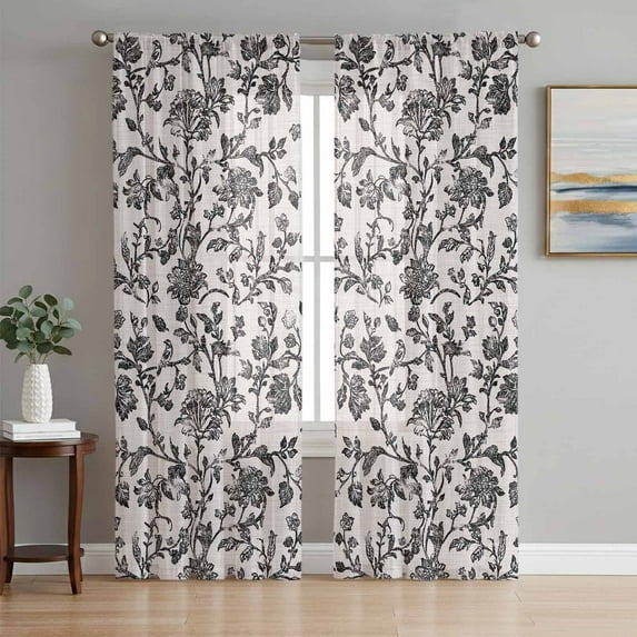 Farmhouse Black Semi Sheer Window Curtains 84 Inches Long, Vintage Flower Leaf Botanical Plant Rod Pocket Voile Chiffon Curtain Light Filtering Drapes for Living Room, Kitchen, 52"x84", 2 Panels
