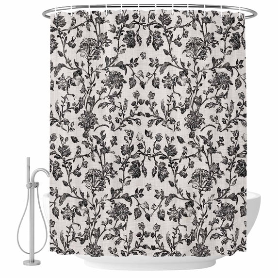 Farmhouse Black Shower Curtain Set - Standard 72" x 72" Washable Bathtub Curtain with 12 Hooks, Vintage Flower Leaf Botanical Plant Waterproof Fabric Stall Shower Curtains for Bathroom/Bathtub Décor