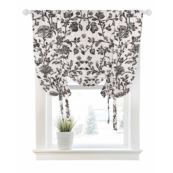 Farmhouse Black Tie Up Curtains for Window, Thermal Insulted Balloon Shade Adjustable Rod Pocket Curtains Valance Panels for Kitchen Bathroom Cafe 42 x 45 Vintage Flower Leaf Botanical Plant
