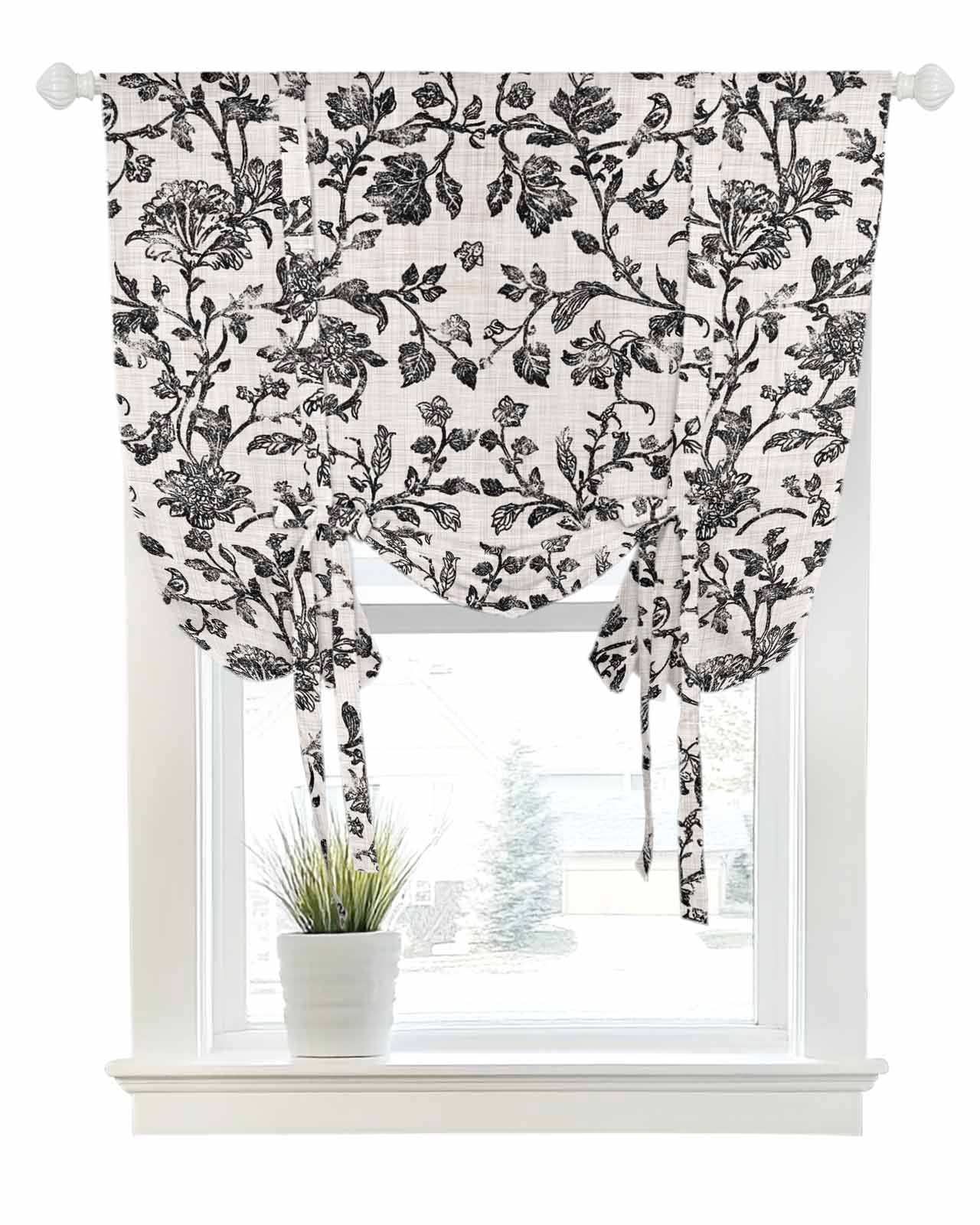 Farmhouse Black Tie Up Curtains for Window, Thermal Insulted Balloon Shade Adjustable Rod Pocket Curtains Valance Panels for Kitchen Bathroom Cafe 52 x 63 Vintage Flower Leaf Botanical Plant
