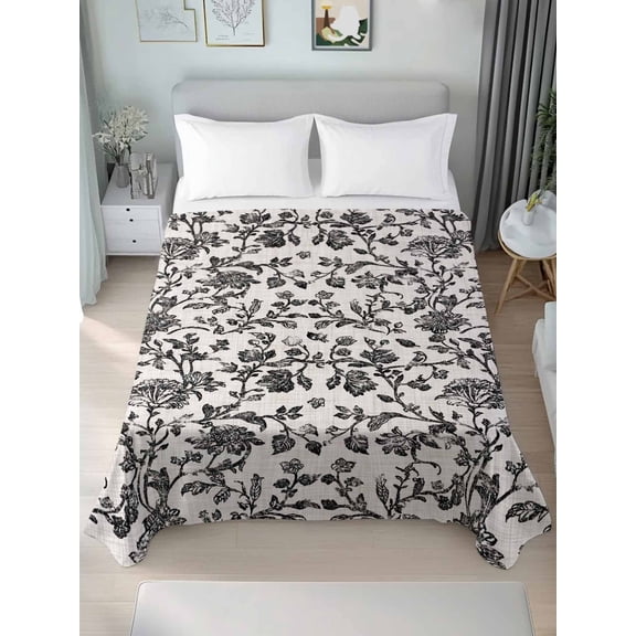 Farmhouse Black Twim Size Flat Sheet, Wrinkleproof & Fadeproof Cooling Flat Bed Sheet Only, Vintage Flower Leaf Botanical Plant Breathable Soft Bedding Top Sheets 66 x 96 Inches