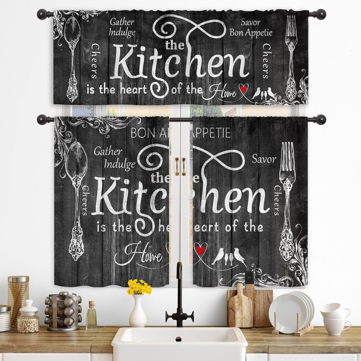 Farmhouse Black White Kitchen Curtains and Valances 3 Piece Set Rod ...