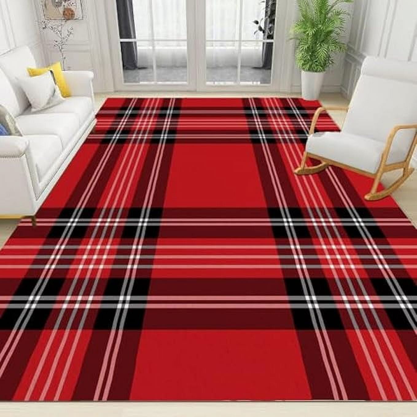 Farmhouse Black And White Red Geometric Check Area Rug, Abstract Black ...
