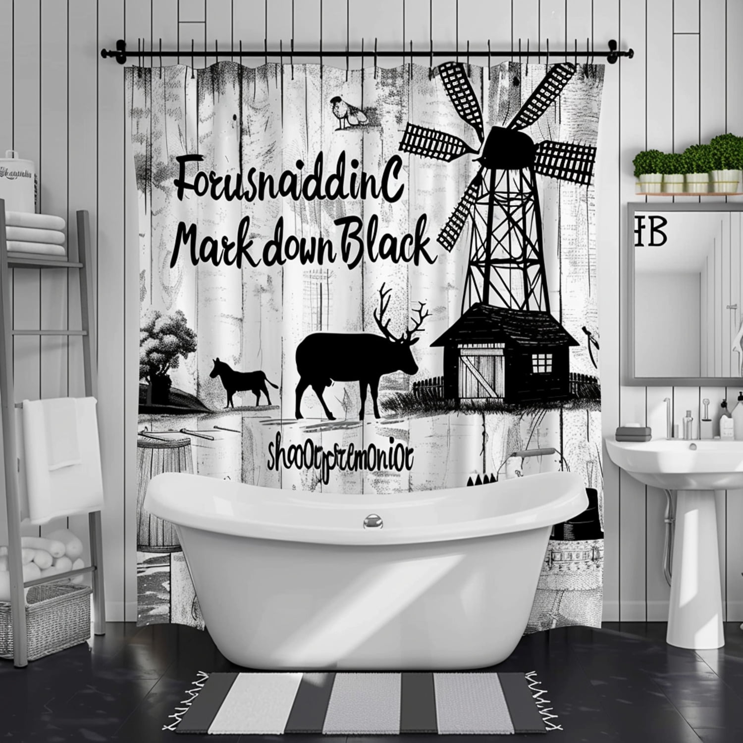 Farmhouse Black and White Silhouette Shower Curtain with Rustic Wood