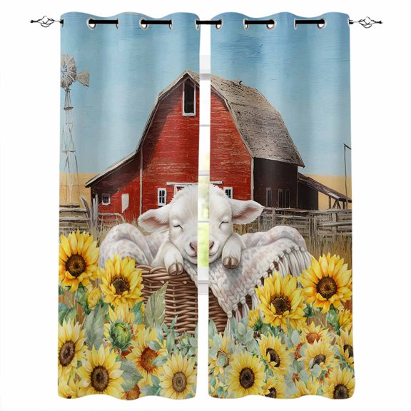 Farmhouse Blackout Curtains 45 Inch Length Farm Animals Cute Sheep Sunflower Red Barn Thermal Insulated Window Curtain Window Drapes 2 Panels for Bedroom Living Room 52"Wx45"L