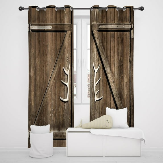Farmhouse Blackout Curtains 52W x 84L Inch Grommet Sliding Door Curtains Rustic Brown Western Country Wood Farmhouse Vintage Cabin Art Printed Living Room Bedroom Window Drapes Fabric 2 Panel