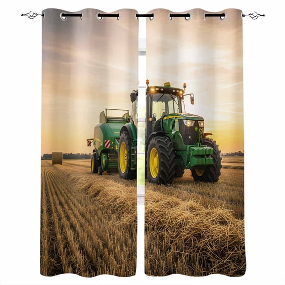 Farmhouse Blackout Curtains 72 Inch Length Rustic Country Green Bulldozers Realistic Field Sunset Thermal Insulated Window Curtain Window Drapes 2 Panels for Bedroom Living Room 52"Wx72"L