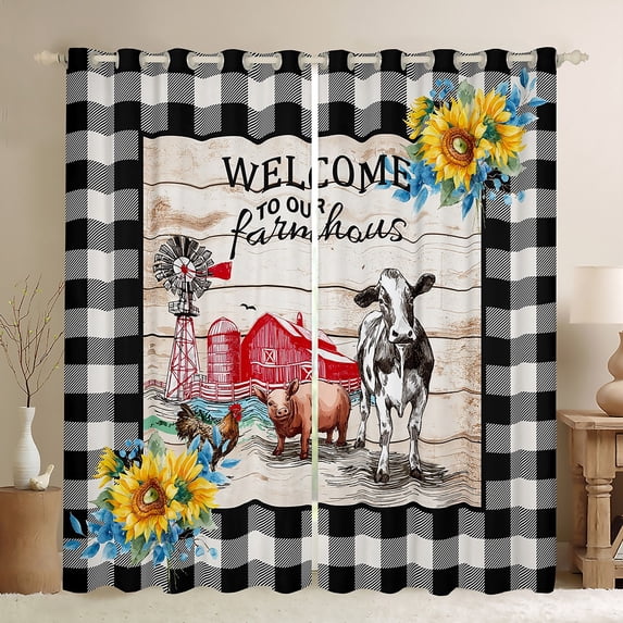 Farmhouse 30%-50% Blackout Curtains, Rustic Windmill Curtains & Drapes Teens,Farm Animal Cow Chicken Pig Curtains 38"Wx45"L Western Vintage Barn Wooden Window Treatments Country Bathroom Decor