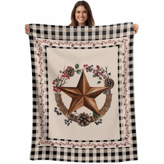 Farmhouse Blanket Soft Cozy Warm Throw Blanket for Couch, Plush Fuzzy Flannel Fleece Blankets for Sofa, Country Star Berry Plaid Lodge Grey Brown Bed Blankets Lightweight Gifts for Women, 40"x60"