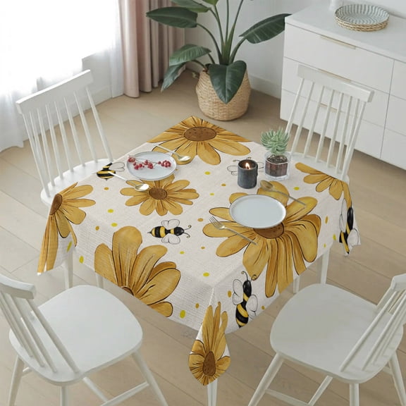 Farmhouse Blossom Daisy Flower Table Cloth 54x54in, Waterproof Square Tablecloth Wipeable Tablecloths Yellow Polka Dot Bee Linen Style Table Covers for Dining Tables Party Indoor Outdoor