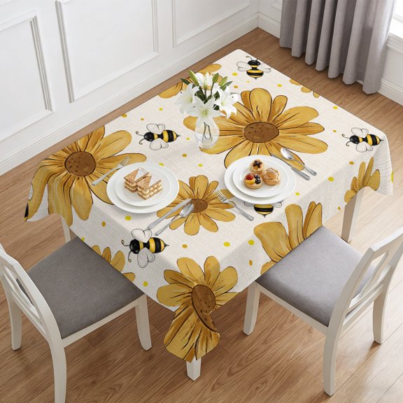 Farmhouse Blossom Daisy Flower Table Cloth 60x84in, Waterproof Rectangle Tablecloth Wipeable Tablecloths Yellow Polka Dot Bee Linen Style Table Covers for Dining Tables Party Indoor Outdoor
