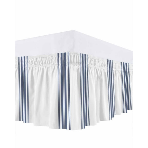Farmhouse Blue Bed Skirt King Size 18&nbsp;Inch Drop, Stripes Decoration Wrap Around Dust Ruffle Bedskirts, Wrinkle & Fade Resistant Easy Fit Bedskirt with Adjustable Elastic