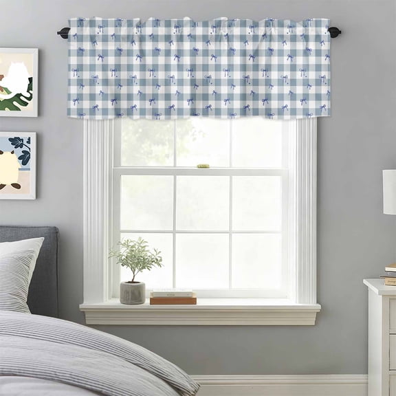 Farmhouse Blue Bow on Checkered Valances for Windows,Kitchen Valance Rod Pocket Short Curtain, Country Buffalo Plaid Valance Curtain Window Valances for Bedroom Bathroom Living Room 42x18in