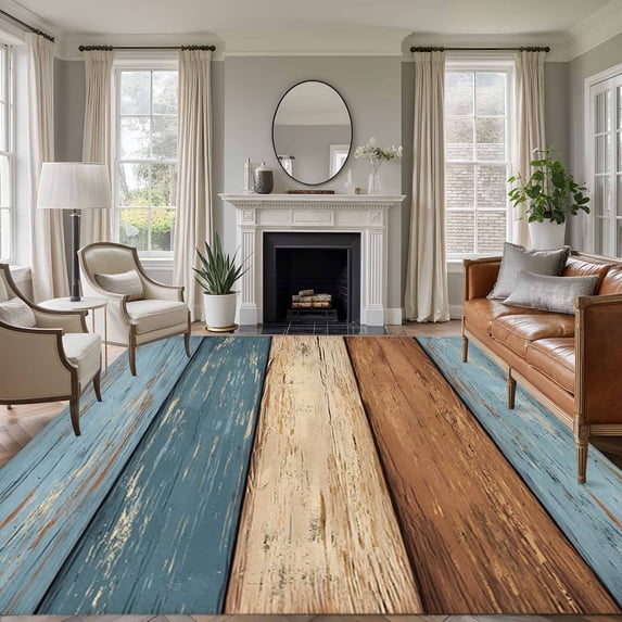 Farmhouse Blue Brown Area Rug 8x10 Washable Rug Non Slip Vintage Wooden Striped Large Area Rug Soft Stainresistant Indoor Floor Carpet for Living Room Bedroom Home Office Dining Room Nursery