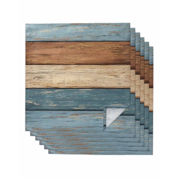Farmhouse Blue Brown Cloth Napkins Set of 6 Reusable Dinner Napkins, Vintage Wooden Striped Cocktail Napkin Washable Table Napkins for Wedding/Holiday Party/Baby Shower 20"x20"