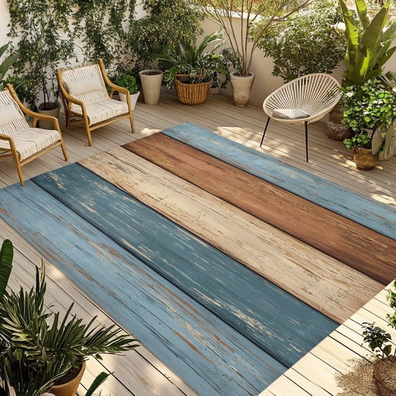 Farmhouse Blue Brown Outdoor Rug 4x6 Ft - Reversible Patio Rug Outdoor Camping Rugs, Vintage Wooden Striped Washable Indoor Outdoor Area Rugs, Non-Slip Outdoor Carpet Runner for Deck/Porch
