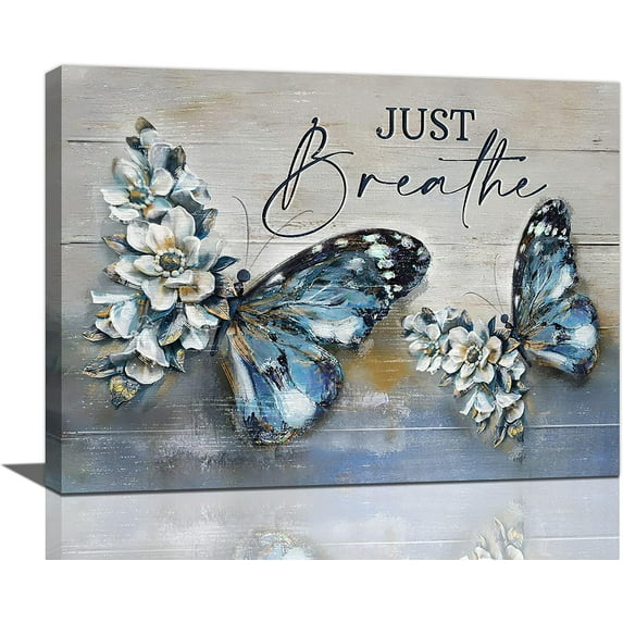 Farmhouse Blue Butterfly Flower Decor Wall Art Vintage Rustic Country Butterfly Just Breathe Pictures Wall Decor Canvas Painting Prints Artwork Home Decorations Framed for Bathroom Bedroom 16"x12"