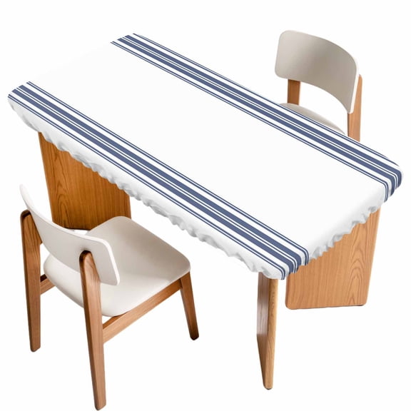 Farmhouse Blue Fitted Rectangle Tablecloth 24" x 50" Stripes Decoration Elastic Table Cloth Fits for 4 Foot Folding Tables Waterproof Table Cover for Picnic Camping Outdoor