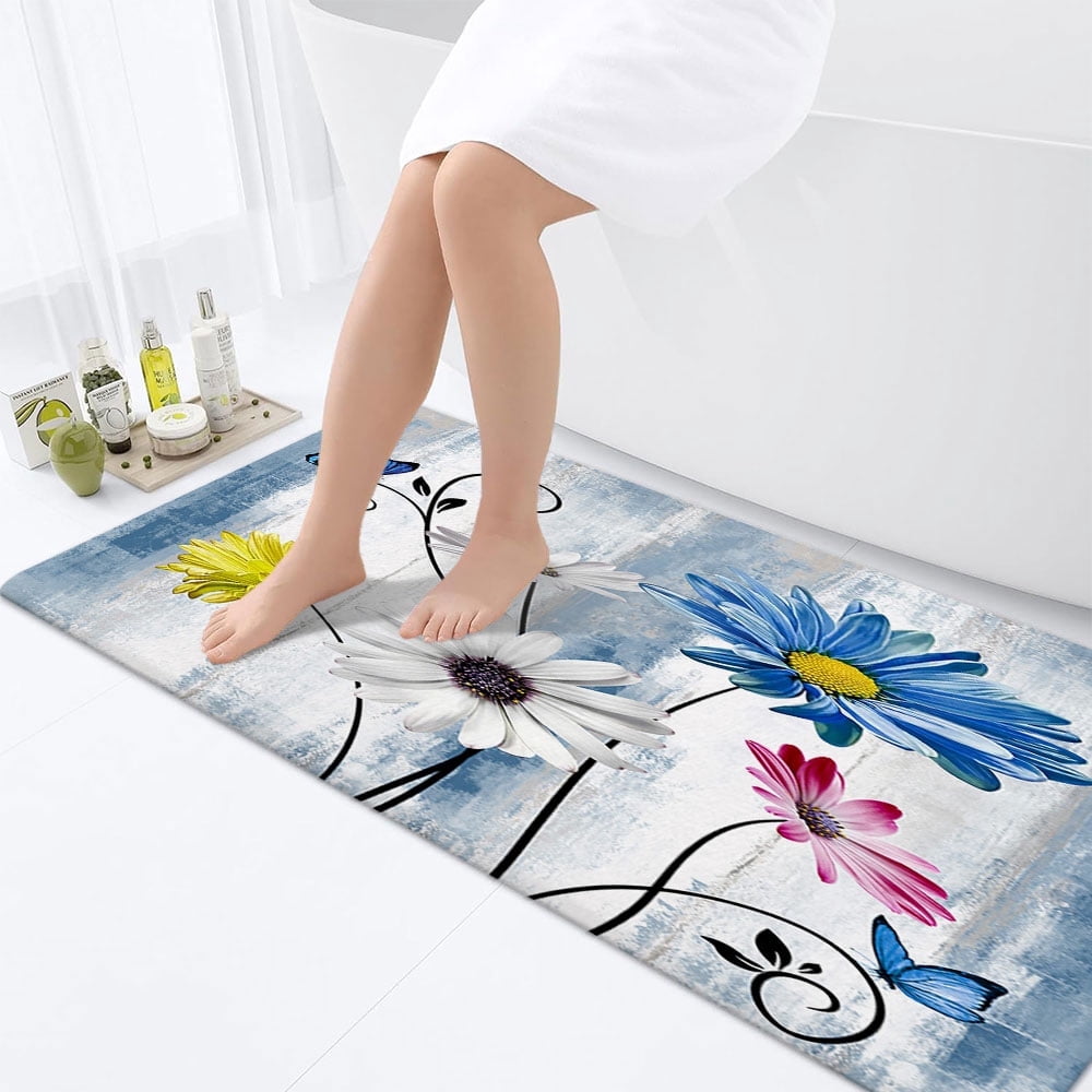 Farmhouse Blue Floral Bathroom Rugs, Farm Rustic Farmhouse and Butterfly on Country Wooden Bathroom Rugs Set, Blue Daisy Floral Bathroom Rug Mat 17X48inch, Extra Soft and Absorbent Bath Rugs