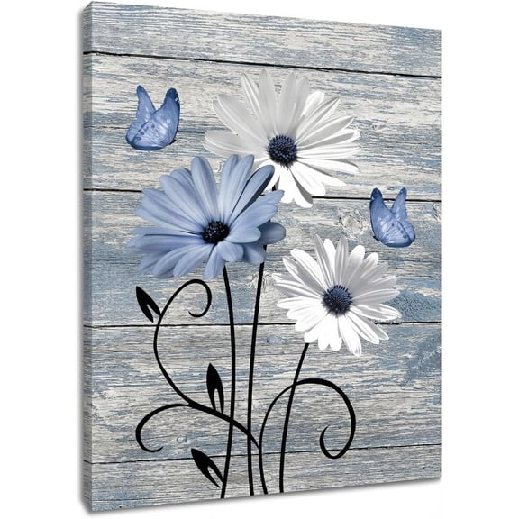 Farmhouse Blue Floral Canvas Wall Art Rustic Wood Daisy Butterfly Framed Wall Art Country Flower Pictures for Living Room Bedroom Bathroom Office Decor Ready to Hang
