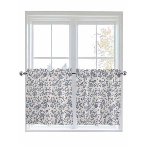 Farmhouse Blue Floral Half Window Curtains 24 Inches Long, Vintage Botanical Leaves Burlap Window Treatment Curtain Drapes, Short Curtains Tiers for Kitchen Over Sink, 27.5"x24", 2 Panels