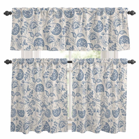 Farmhouse Blue Floral Kitchen Curtains Valances and Tiers Set of 3 Linen Boho Flower Rustic Country Tier Curtains and Valance with Rod Pocket for Small Windows, 27.5"x36"