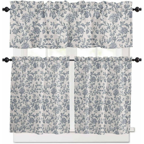 Farmhouse Blue Floral Kitchen Curtains, Vintage Botanical Leaves 3-Piece Kitchen Curtain Valance and Tiers Set 24 Inch Length, Burlap Rod Pocket Half Window Curtains for Cafe Living Room Bathroom