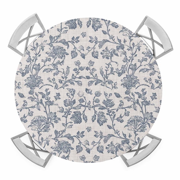 Farmhouse Blue Floral Round Fitted Tablecloth with Elastic Edge, Waterproof Table Cloth Table Cover for 55"-60" Tables, Vintage Botanical Leaves Burlap Tablecloths for Dining Picnic Indoor Outdoor