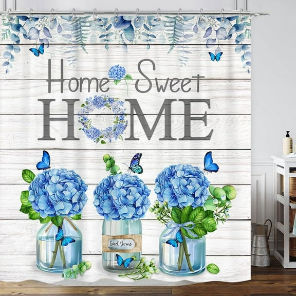 Farmhouse Blue Floral Shower Curtain, Rustic Hydrangea Eucalyptus Home Sweet Fabric Boho Flowers Shower Curtain Set, Vintage Country Wood Plank Floral Primitive Shower Curtain for Bathroom 72X72 Inch