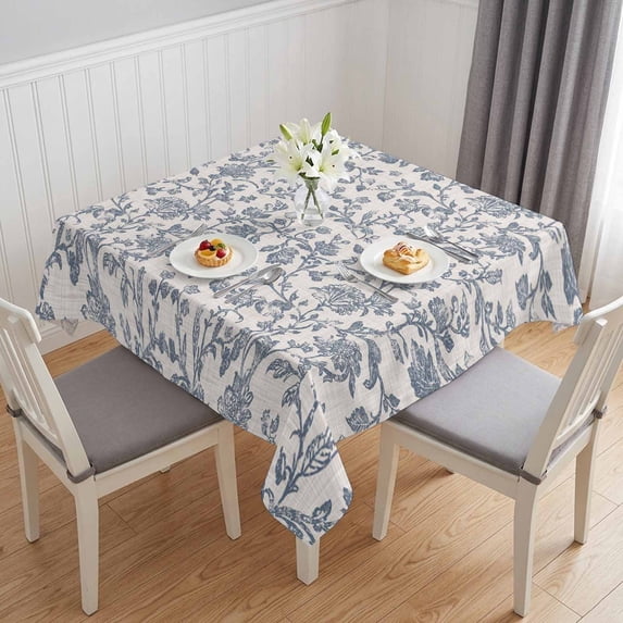Farmhouse Blue Floral Table Cloth Waterproof Tablecloths, Vintage Botanical Leaves Burlap Tablecloth Dining Table Cover for Kitchen Party Tabletop Outdoor, Square Tablecloth 54x54 Inch