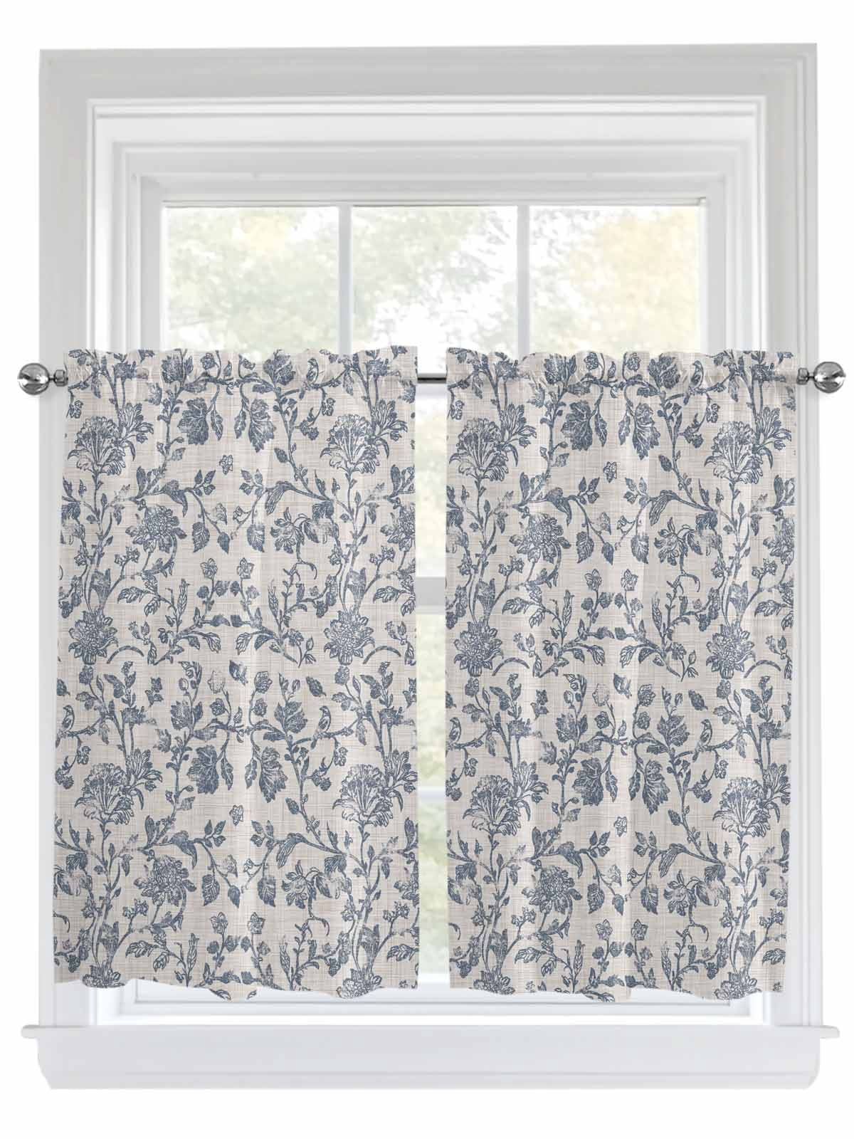 Farmhouse Blue Floral Tier Curtains 45 Inches Long, Vintage Botanical Leaves Burlap Window Treatment Curtain Drapes, Window Half Privacy Curtains for Bedroom Bathroom, 42"x45", 2 Panels