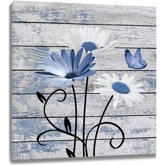 Farmhouse Blue Floral Wall Art for Living Room, Blue and White Flower Butterfly on Rustic Wood Canvas Wall Art Plant Framed Wall Art for Bathroom Bedroom Decor Ready to Hang,12L X 12W Inches