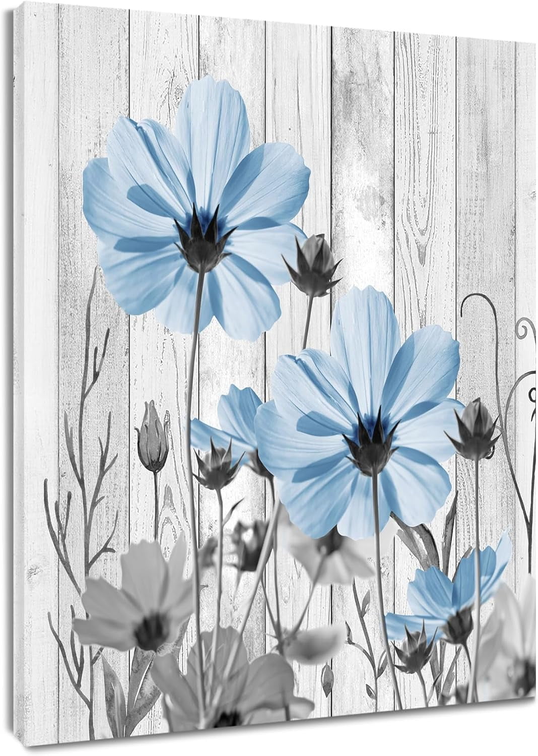 Farmhouse Blue Floral Wall Art for Living Room,Blue Wildflower and Gray ...