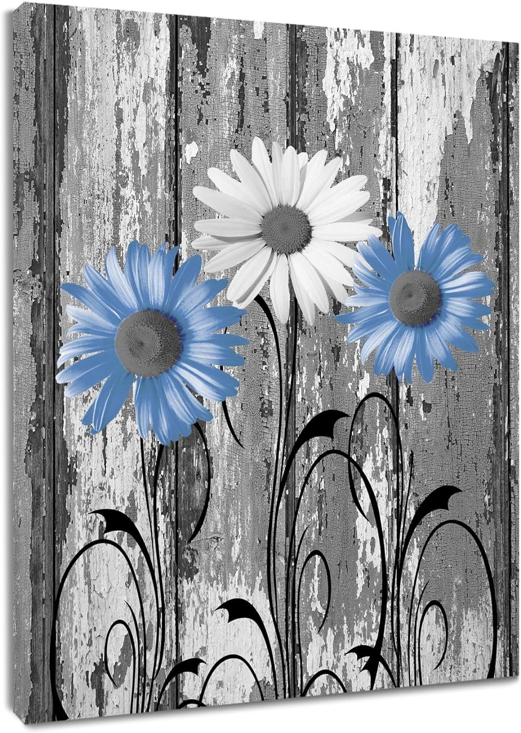 Farmhouse Blue Floral Wall Art for Living Room Grey and White Daisy on ...