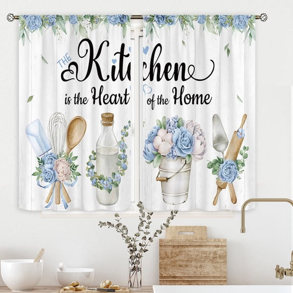 Farmhouse Blue Flower Kitchen Curtains 27.5Wx39H Inch Rod Pocket Rustic Floral Country Wooden Kitchenware Art Printed Funny Quotes Living Room Bedroom Window Drapes Treatment Fabric 2 Panels