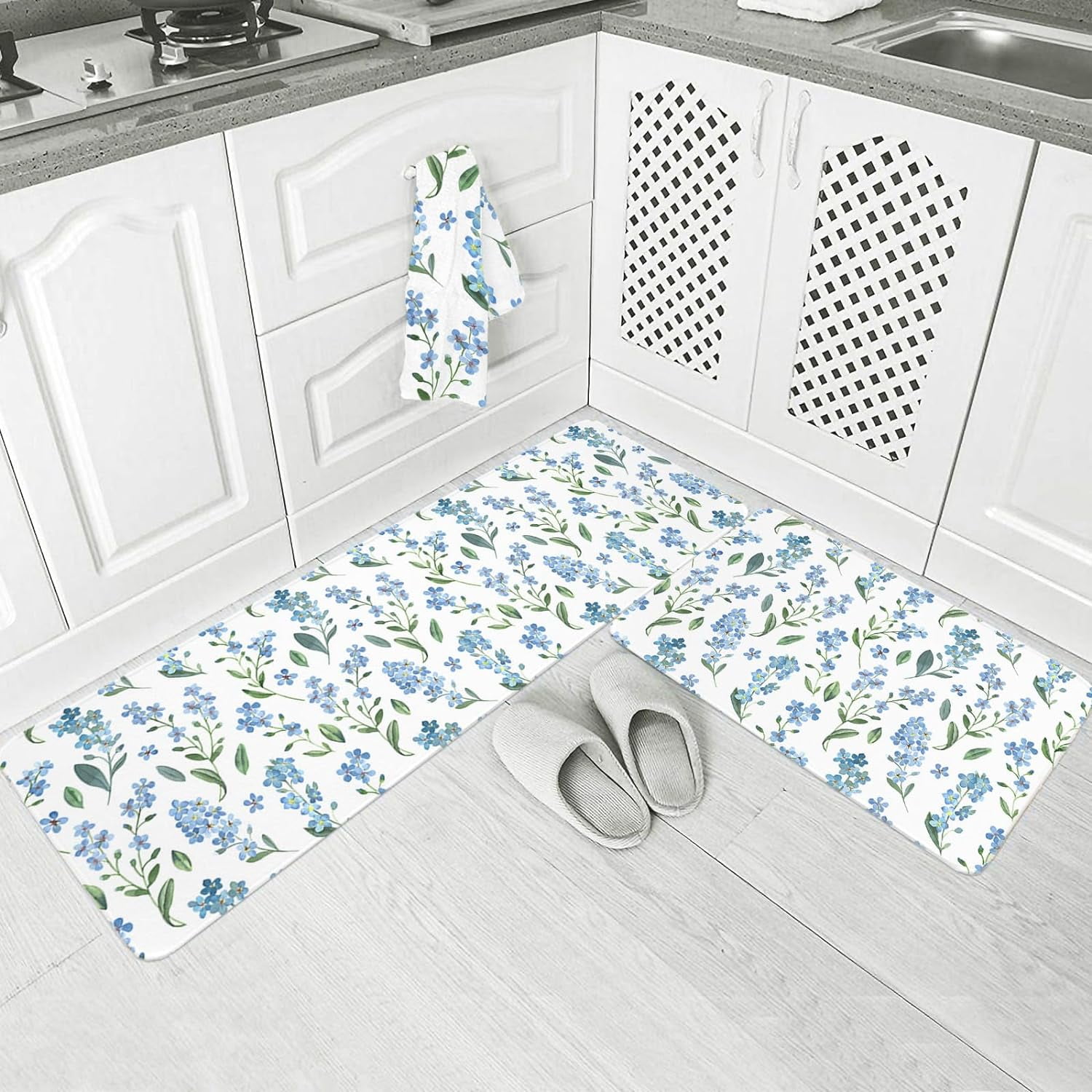 Farmhouse Blue Flower Kitchen Floor Mats, Blossom Floral Green Leaf 2 PCS Anti Fatigue Area Runner Rugs Set Rural Botanical Non-Slip Bathroom Comfort Standing Mat Home Decor