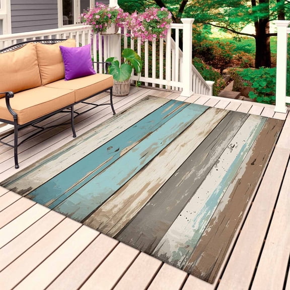Farmhouse Blue Grey Brown Outdoor Rug for Patio/Deck/Porch, Non-Slip Large Area Rug 6 x 9 Ft, Vintage Ombre Wooden Indoor Outdoor Rugs Washable Area Rugs, Reversible Camping Rug Carpet Runner