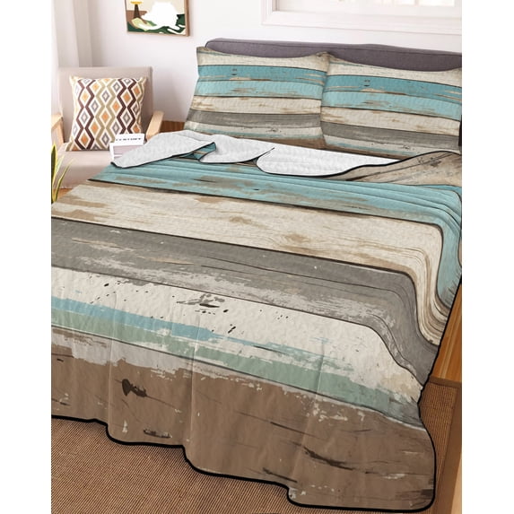 Farmhouse Blue Grey Brown Twin Size Down Alternative Comforter, Lightweight Comforter Quilt Bedding Set with Pillow Shams Vintage Ombre Wooden All Seasons Bed Comforter Duvet Insert 68"x86"