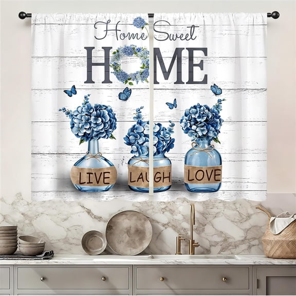 Farmhouse Blue Hydrangea Kitchen Curtains 26W X 36L Inch 2 Panel Rod Pocket Rusitc Country Retro Vintage Home Sweet Small Short Cafe Tier Wooden Window Drapes Bathroom Home Decor